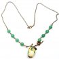 Antiqued Brass Leaf Green Jade Porcelain Owl Necklace