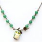 Antiqued Brass Leaf Green Jade Porcelain Owl Necklace