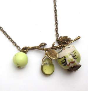 Antiqued Brass Leaf Gaspeite Quartz Porcelain Owl Necklace