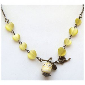 Antiqued Brass Leaf Cat Eye Porcelain Owl Necklace