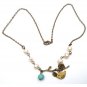 Antiqued Brass Branch Bird Turquoise Pearl Necklace