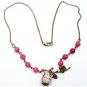 Antiqued Brass Leaf Purple Jade Porcelain Owl Necklace