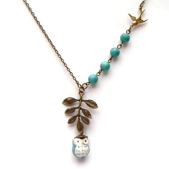 Antiqued Brass Leaf Bird Turquoise Porcelain Owl Necklace