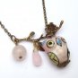 Antiqued Brass Branch Jade Quartz Porcelain Owl Necklace