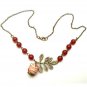 Antiqued Brass Leaf Red Jade Porcelain Owl Necklace