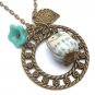 Antiqued Brass Leaf Czech Glass Porcelain Owl Necklace