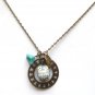 Antiqued Brass Leaf Czech Glass Porcelain Owl Necklace