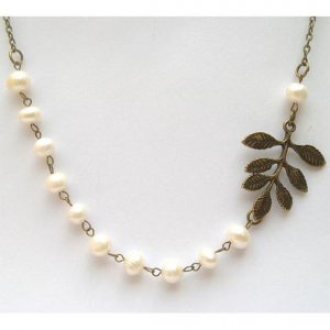 Antiqued Brass Leaf White Pearl NecklaceFrom gemandmetal