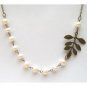 Antiqued Brass Leaf White Pearl NecklaceFrom gemandmetal