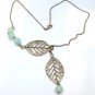 Antiqued Brass Leaf Blue Jade Necklace