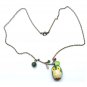 Antiqued Brass Leaf Jade Porcelain Owl Necklace