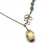 Antiqued Brass Leaf Green Jade Porcelain Owl Necklace