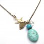 Antiqued Brass Leaf Bird Quartz Green Turquoise Necklace