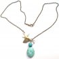 Antiqued Brass Leaf Bird Quartz Green Turquoise Necklace