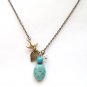 Antiqued Brass Leaf Bird Quartz Green Turquoise Necklace