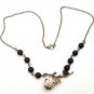 Antiqued Brass Leaf Black Agate Porcelain Owl Necklace