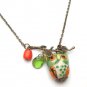 Antiqued Brass Leaf Coral Quartz Porcelain Owl Necklace