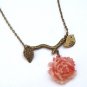 Antiqued Brass Branch Leaf Bird Flower Necklace