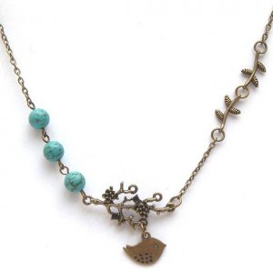 Antiqued Brass Branch Leaf Bird Turquoise Necklace