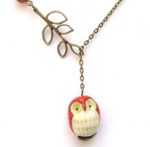 Antiqued Brass Leaf Red Agate Porcelain Owl Necklace