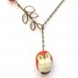 Antiqued Brass Leaf Red Agate Porcelain Owl Necklace