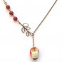 Antiqued Brass Leaf Red Agate Porcelain Owl Necklace