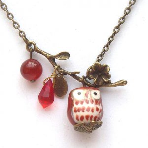 Antiqued Brass Branch Agate Quartz Porcelain Owl Necklace