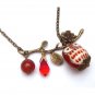 Antiqued Brass Branch Agate Quartz Porcelain Owl Necklace