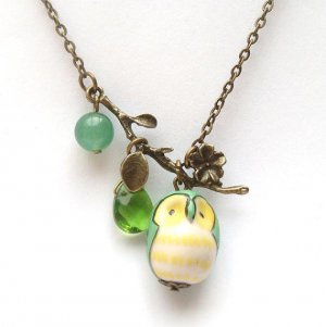 Antiqued Brass Leaf Jade Quartz Porcelain Owl Necklace