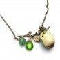 Antiqued Brass Leaf Jade Quartz Porcelain Owl Necklace