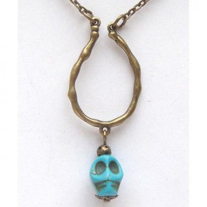 Antiqued Brass Branch Turquoise Skull NecklaceFrom gemandmetal