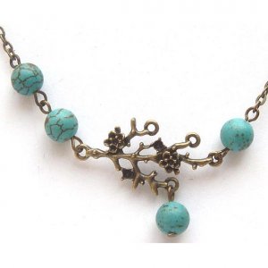 Antiqued Brass Branch Leaf Turquoise Necklace
