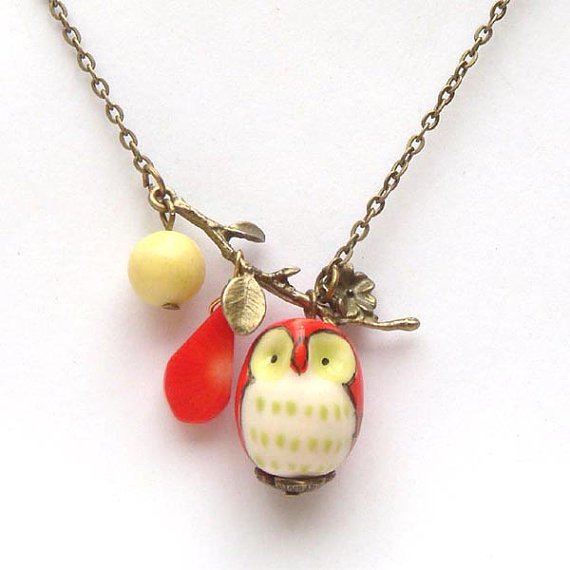 Antiqued Brass Leaf Coral Butter Jade Porcelain Owl Necklace