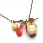 Antiqued Brass Leaf Coral Butter Jade Porcelain Owl Necklace