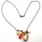 Antiqued Brass Leaf Coral Butter Jade Porcelain Owl Necklace