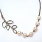 Antiqued Brass Leaf Fresh Water White Pearl Necklace