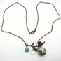 Antiqued Brass Leaf Turquoise Quartz Porcelain Owl Necklace