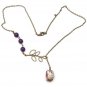 Antiqued Brass Leaf Purple Jade Porcelain Owl Necklace