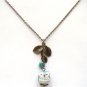 Antiqued Brass Leaf Czech Glass Flower Porcelain Owl Necklace