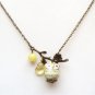 Antiqued Brass Leaf Quartz Jade Porcelain Owl Necklace