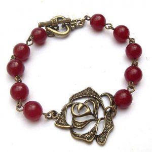 Antiqued Brass Flower Red Agate Bracelet