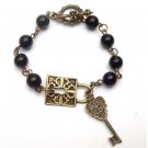 Antiqued Brass Lock Key Black Agate Bracelet