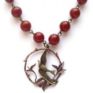 Antiqued Brass Bird Tree Red Agate NecklaceFrom gemandmetal