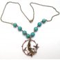Antiqued Brass Bird Green Turquoise Necklace