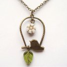 Antiqued Brass Bird Czech Glass Flower Leaf Necklace