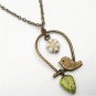 Antiqued Brass Bird Czech Glass Flower Leaf Necklace