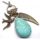 Antiqued Brass Wing Bird Flower Green Turquoise NecklaceFrom gemandmetal