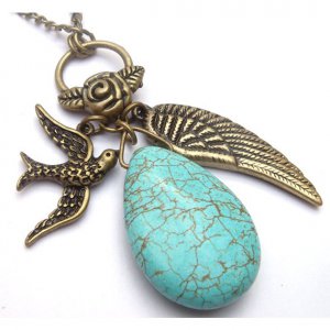 Antiqued Brass Wing Bird Flower Green Turquoise NecklaceFrom gemandmetal