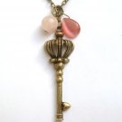 Antiqued Brass Key Rose Quartz Cat Eye Necklace