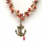 Antiqued Brass Anchor Coral Pearl Necklace